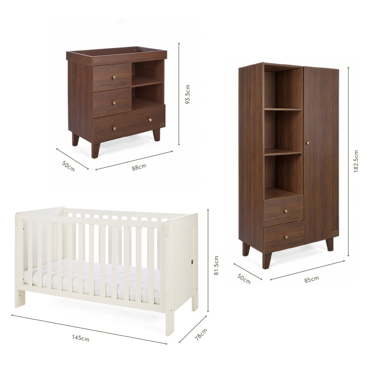 Dimensions of the Origin Alba 3 Piece Nursery Furniture Set which includes a chest changer, cot bed and nursery wardrobe.