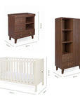 Dimensions of the Origin Alba 3 Piece Nursery Furniture Set which includes a chest changer, cot bed and nursery wardrobe.