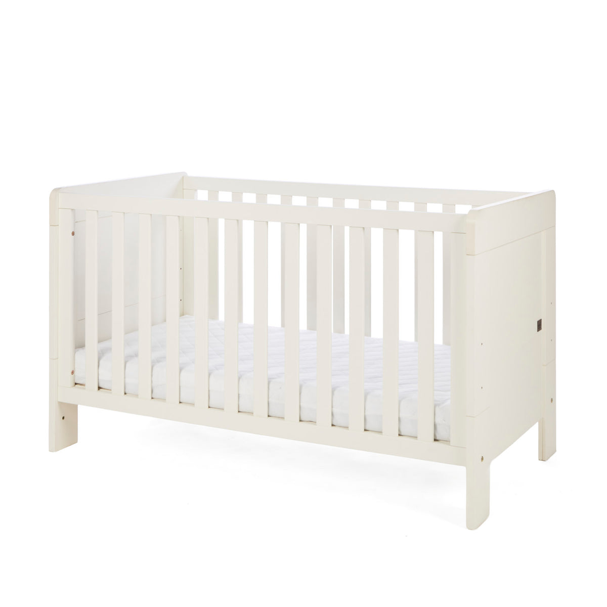 A side view of the Alba cot bed in cashmere in a white background.