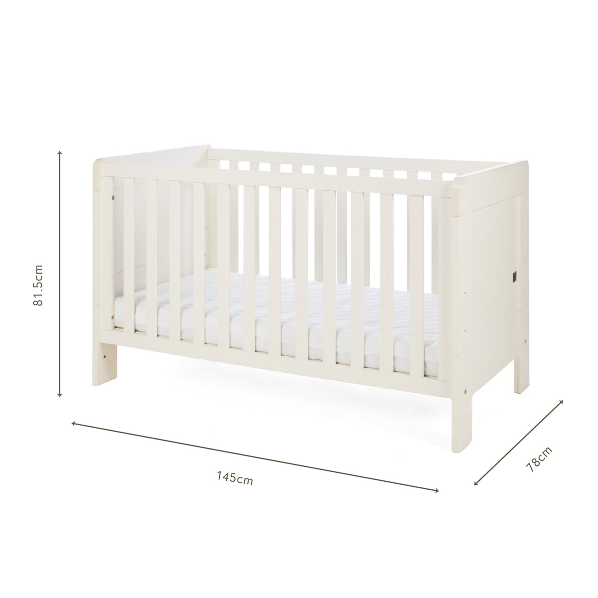 An infographic of a cot bed with dimension markings showing 145 cm length, 78 cm width, and 81.5 cm height, on a plain white background.