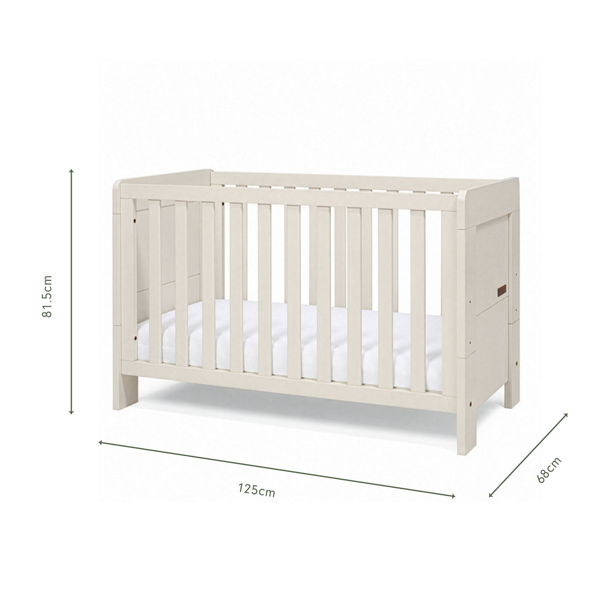 An infographic of a cot bed with dimension markings showing 125 cm length, 68 cm width, and 81.5 cm height, on a plain white background.