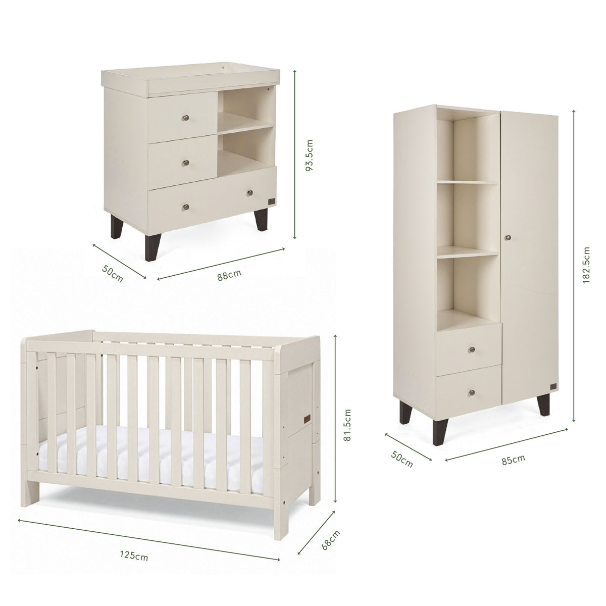 Dimensions of the Origin Alba Mini 3 Piece Nursery Furniture Set which includes a chest changer, cot bed and nursery wardrobe.