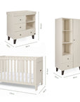 Dimensions of the Origin Alba Mini 3 Piece Nursery Furniture Set which includes a chest changer, cot bed and nursery wardrobe.
