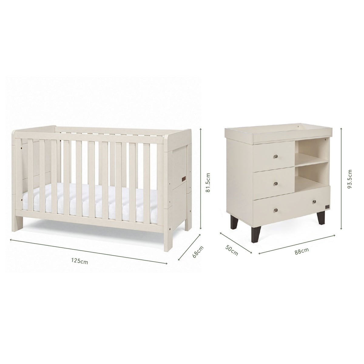Dimensions of the Origin Alba Mini 2 Piece Nursery Furniture Set which includes a cot bed and chest changer.