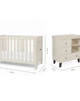 Dimensions of the Origin Alba Mini 2 Piece Nursery Furniture Set which includes a cot bed and chest changer.