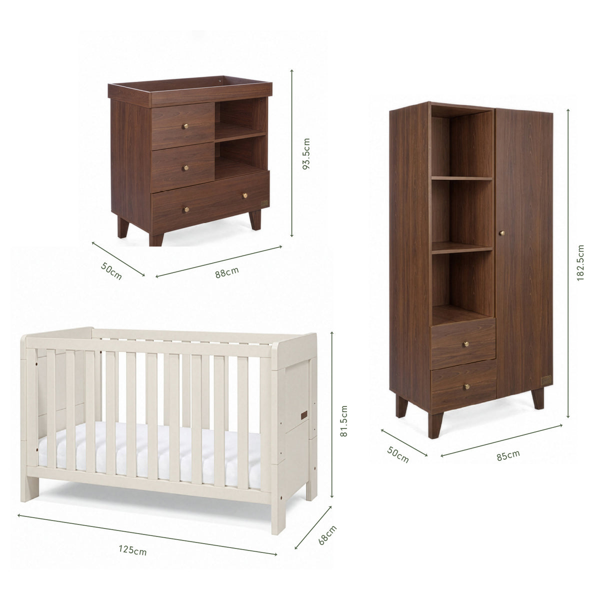 Dimensions of the Origin Alba Mini 3 Piece Nursery Furniture Set which includes a chest changer, cot bed and nursery wardrobe.