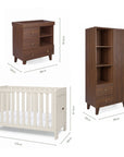 Dimensions of the Origin Alba Mini 3 Piece Nursery Furniture Set which includes a chest changer, cot bed and nursery wardrobe.