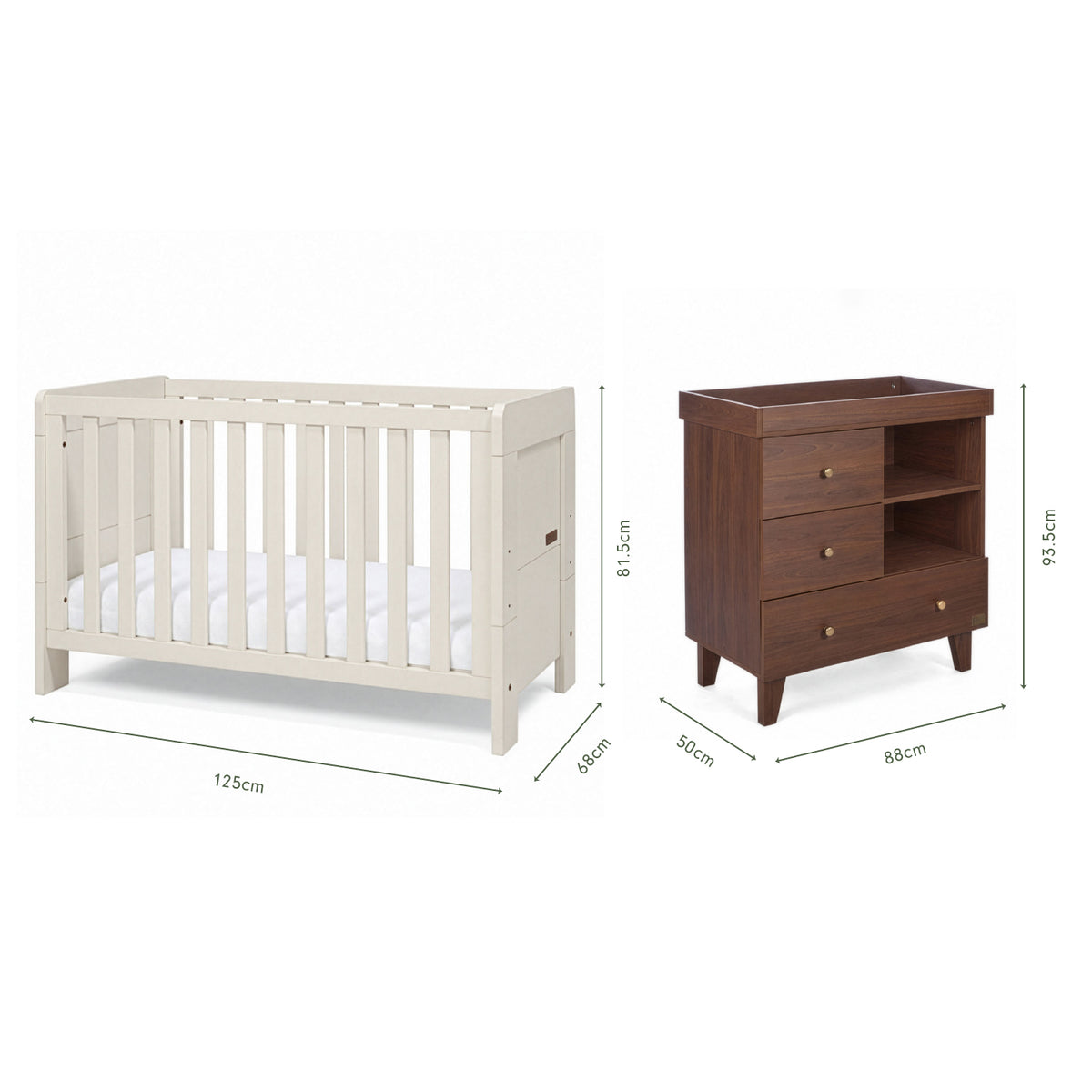 Dimensions of the Origin Alba Mini 2 Piece Nursery Furniture Set which includes a cot bed and chest changer.
