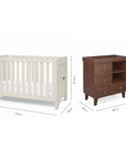 Dimensions of the Origin Alba Mini 2 Piece Nursery Furniture Set which includes a cot bed and chest changer.