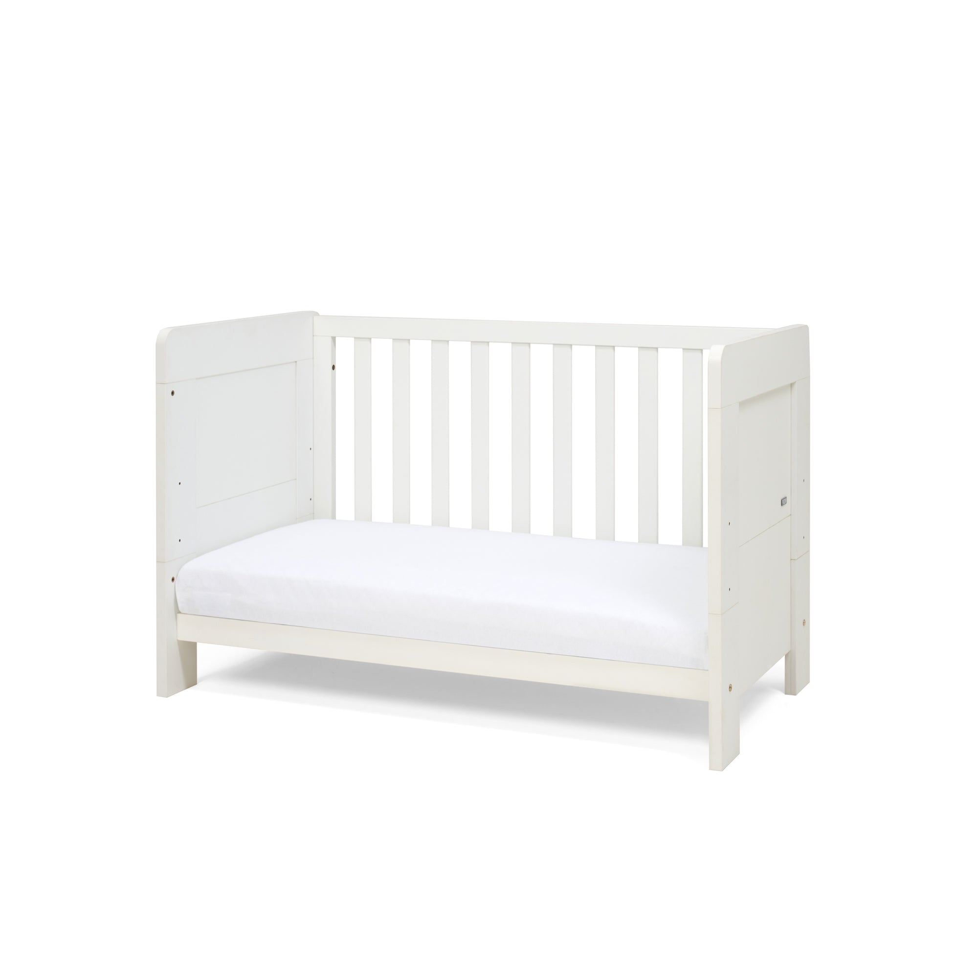 Alba Mini Cot bed with a side open and with a white mattress on a white background