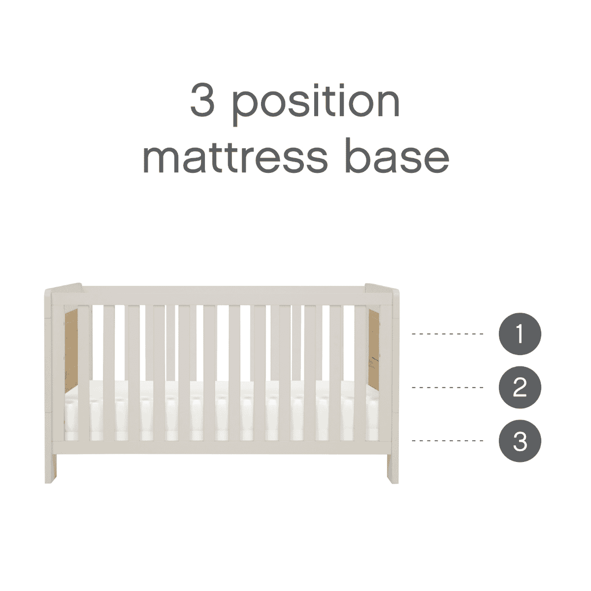 Image showcasing the 3 mattress base position modes of the Alba cot bed