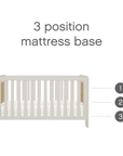 Image showcasing the 3 mattress base position modes of the Alba cot bed