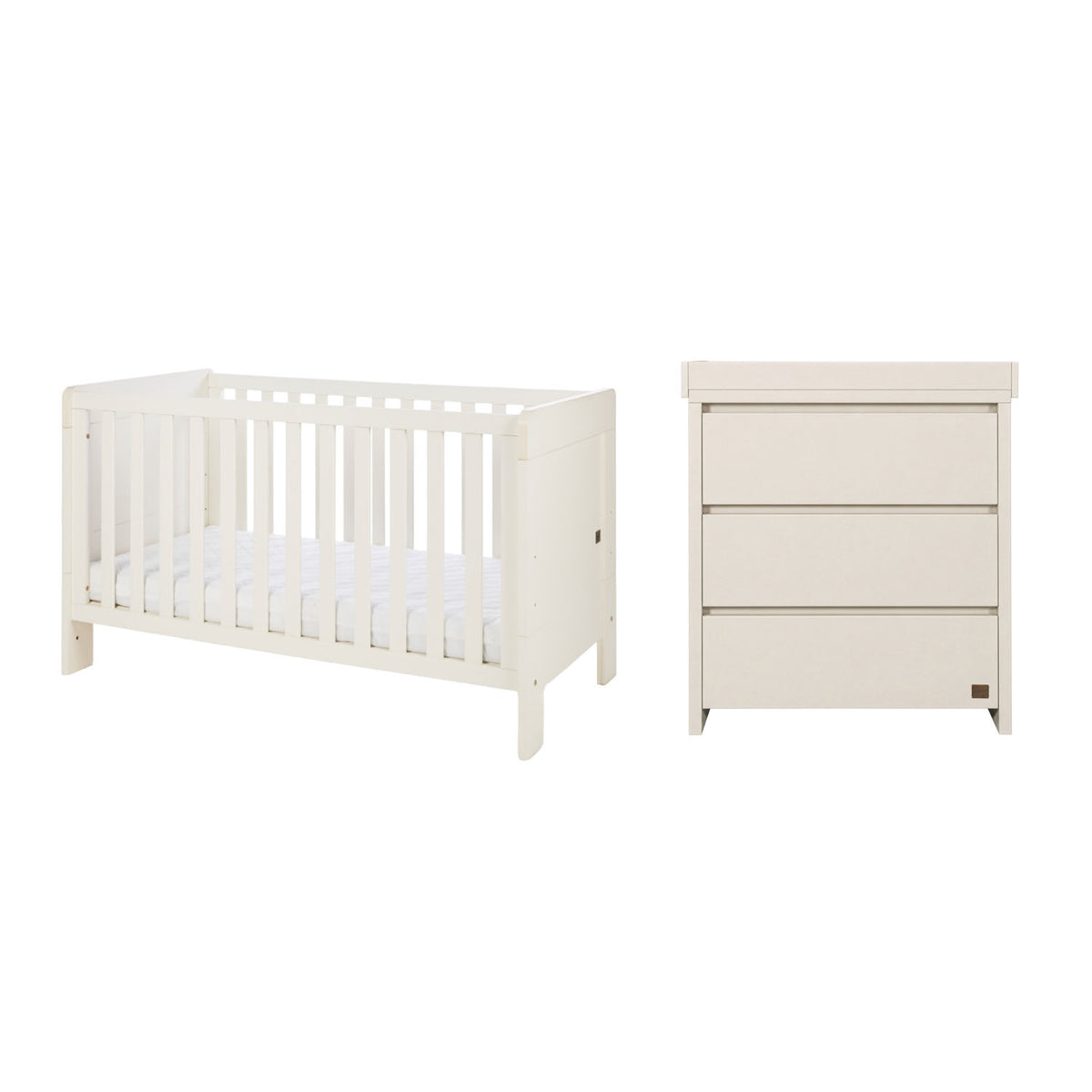 A white convertible cot bed and matching three-drawer nursery dresser with a removable baby-changing units, shown side by side on a plain white background.
