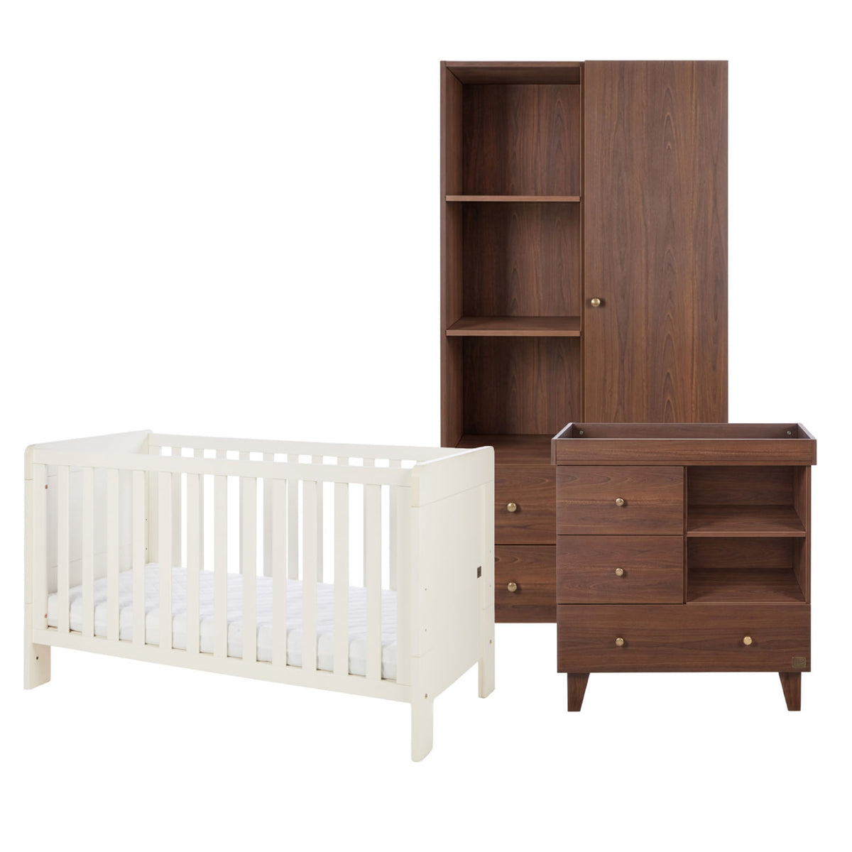A baby furniture set including a white convertible cot bed, a dark brown wooden wardrobe, and a matching changing table with drawers and shelves, shown on a solid white background.