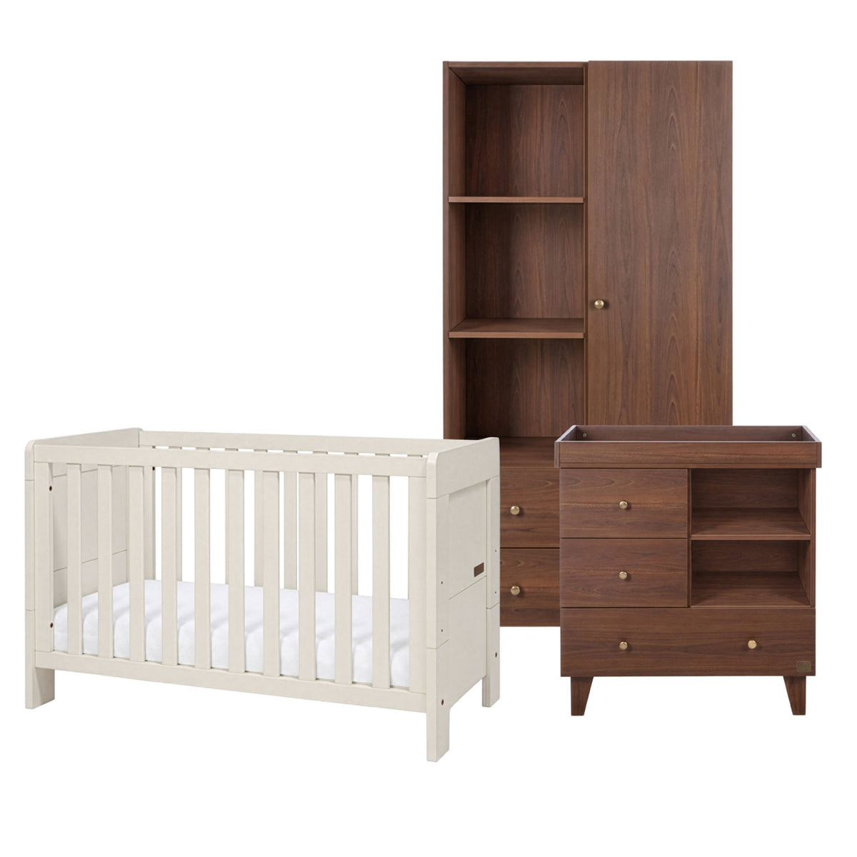 A nursery furniture set including a white convertible cot bed, a dark brown wooden wardrobe, and a matching changing table with drawers and shelves, shown on a solid white background.
