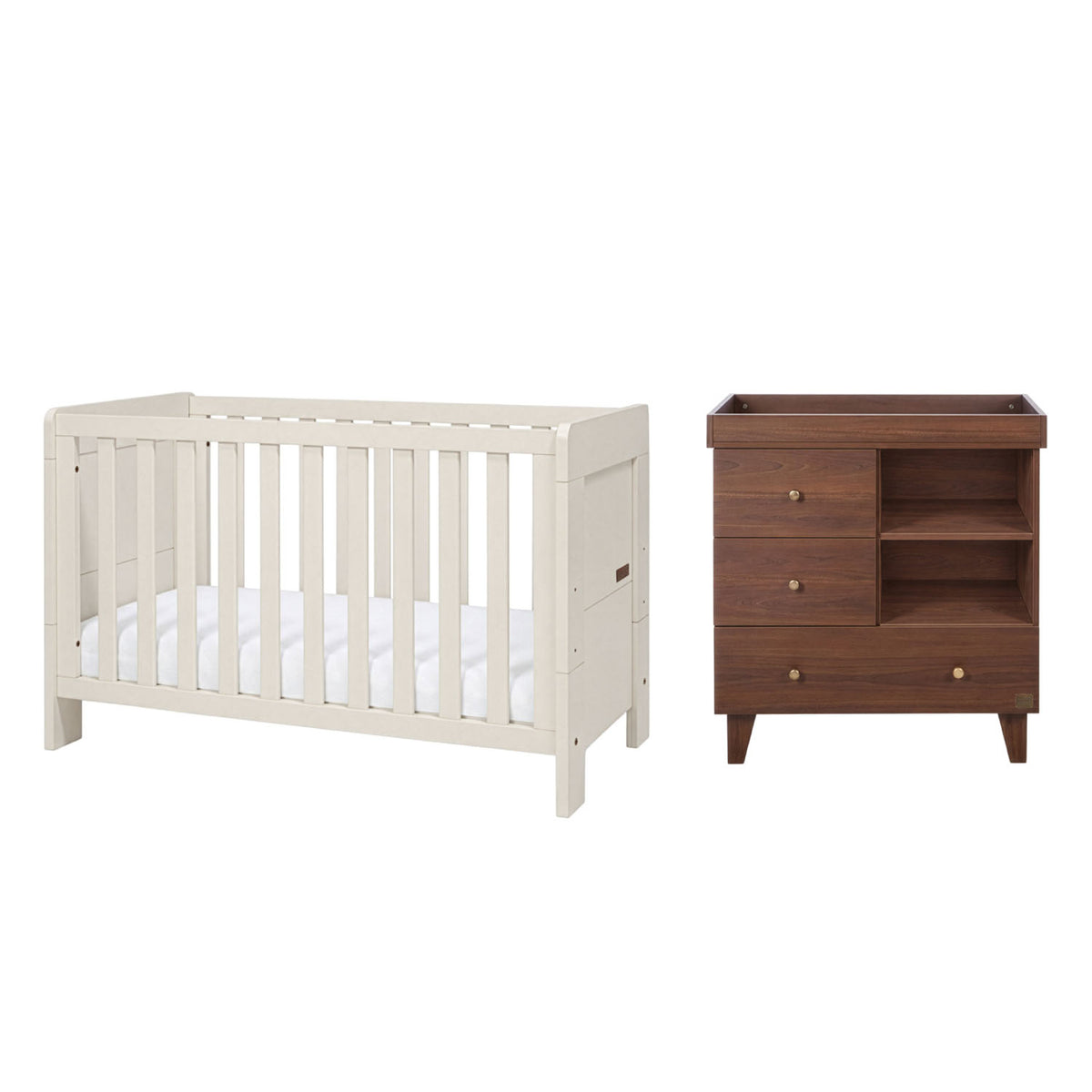A nursery furniture set featuring a white convertible cot bed and a dark brown wooden changing table with three drawers, shown against a plain white background.