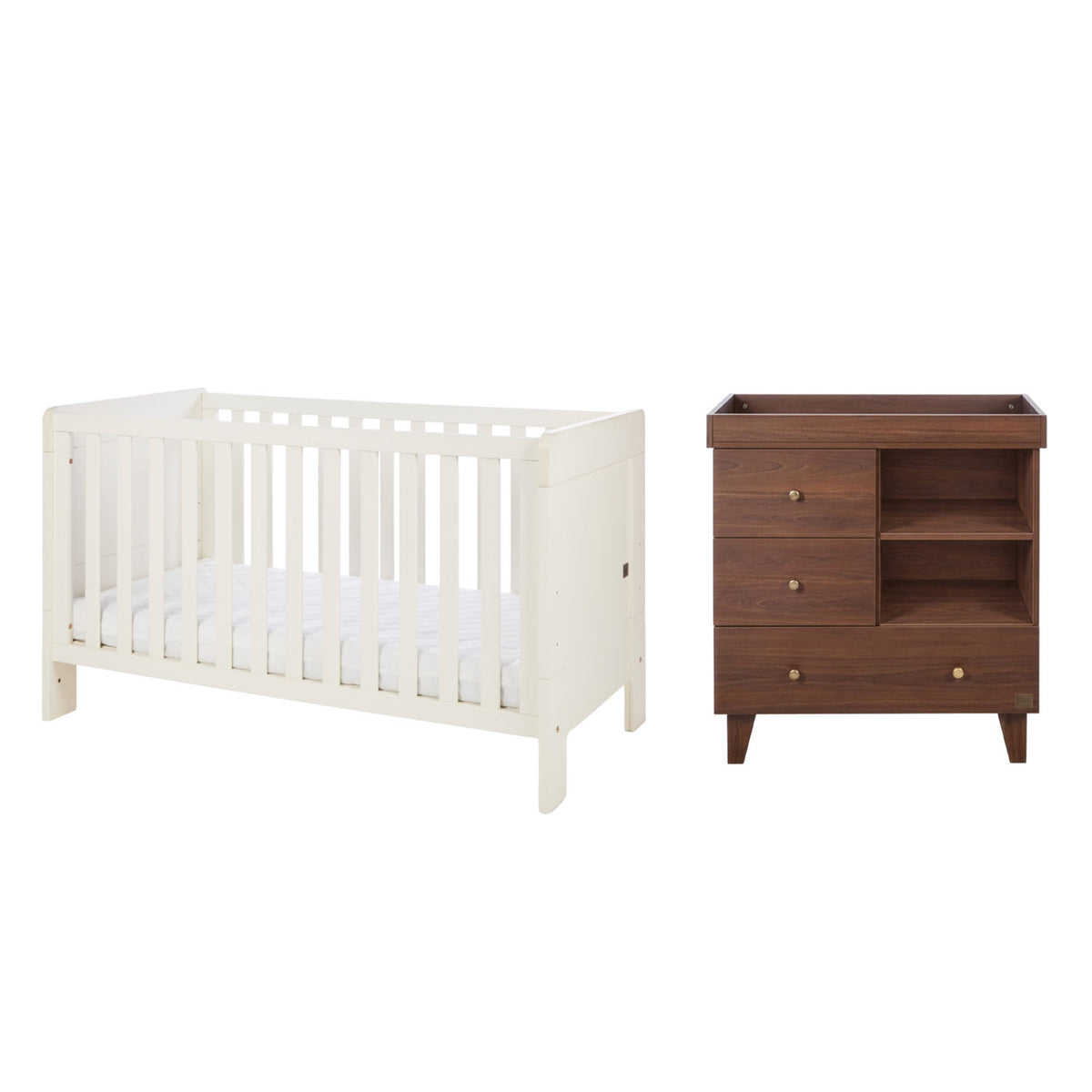 A baby nursery furniture set featuring a white convertible cot bed and a dark brown wooden changing table, shown against a plain white background.