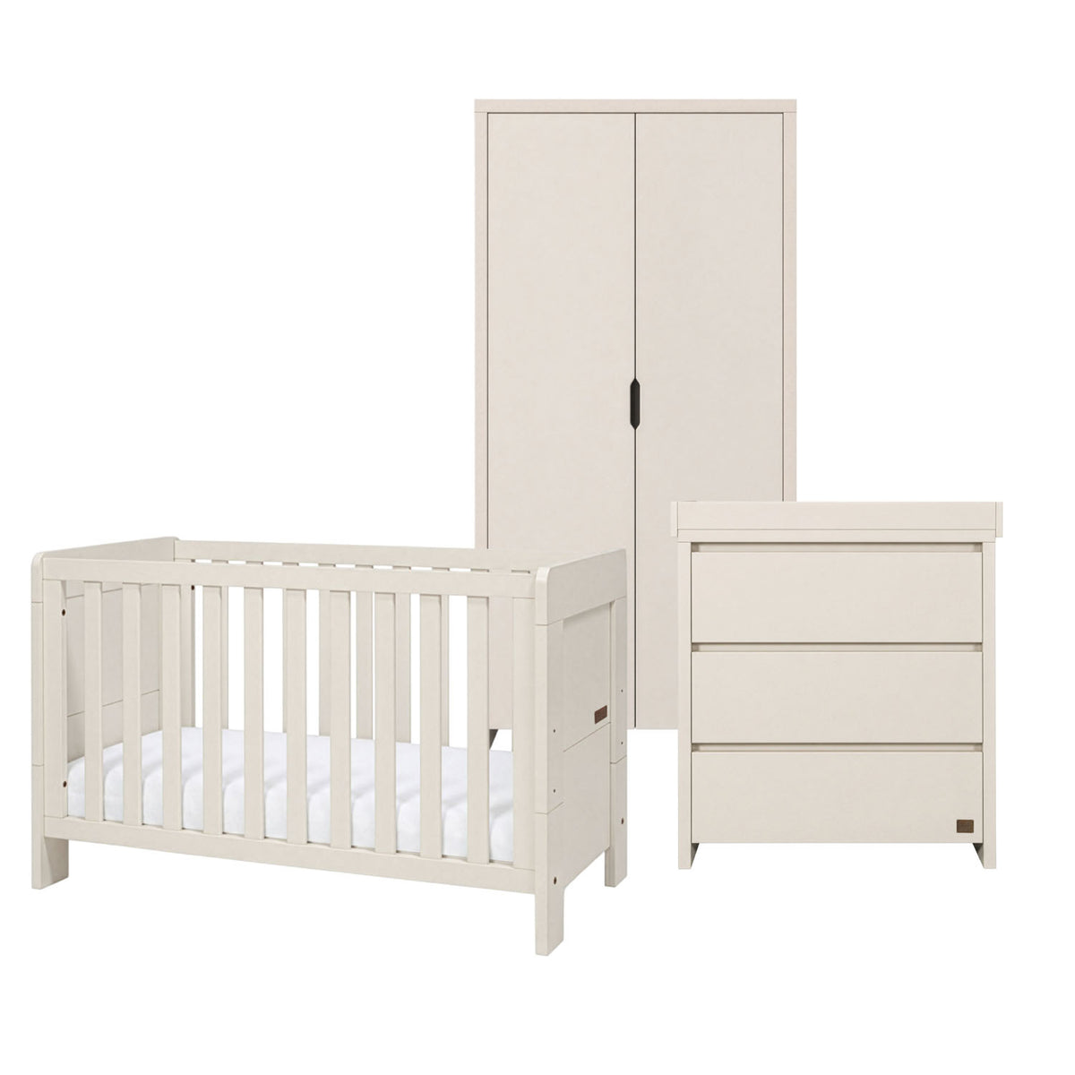 A three-piece nursery furniture set in a white cashmere finish, including a convertible cot bed, a tall two-door nursery wardrobe, and a three-drawer changing table, shown on a solid white background.