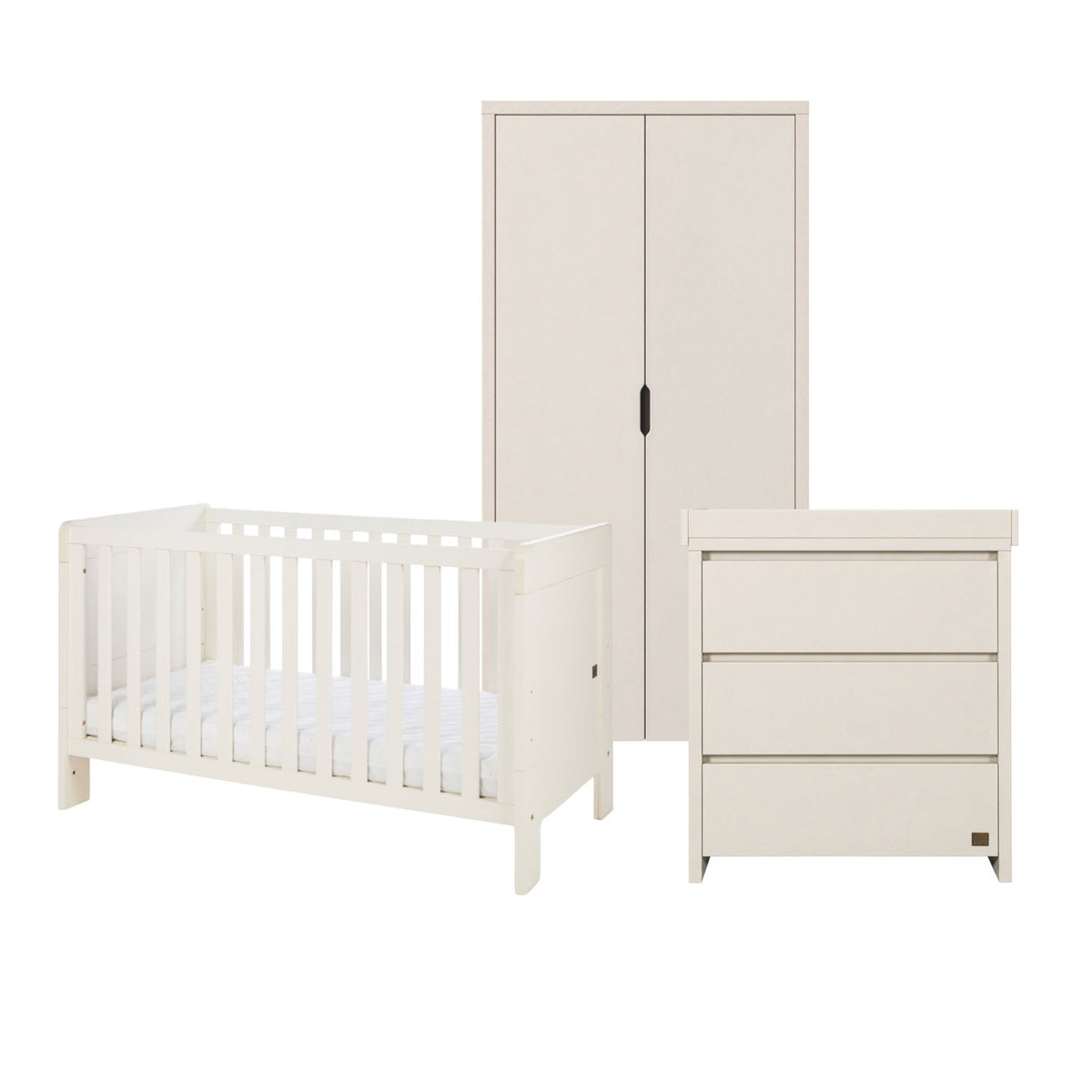 A three-piece baby furniture set in a warm off-white finish, including a convertible cot bed, a tall two-door wardrobe, and a three-drawer changing table, shown on a solid white background.
