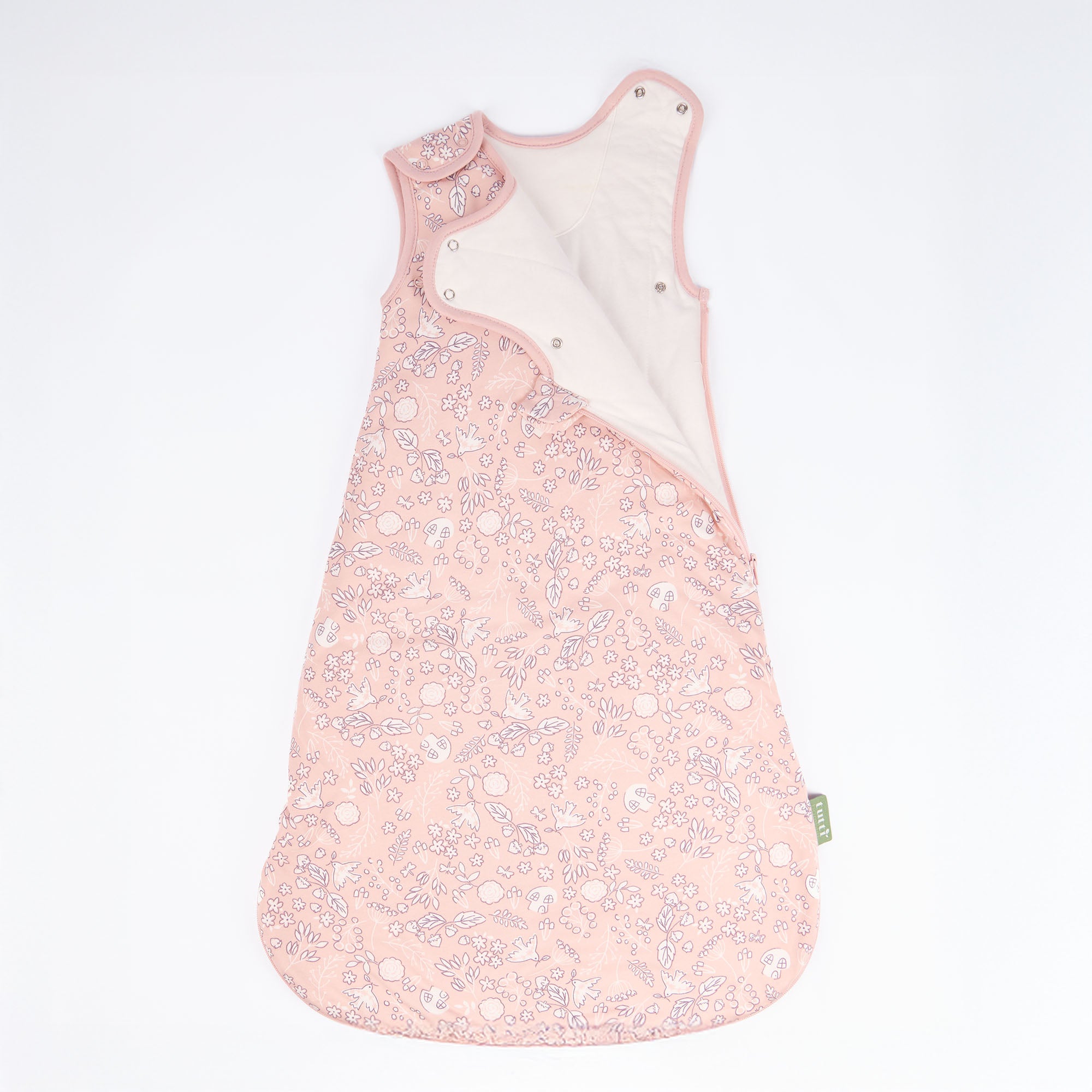 Cutout view of Tiny Tails baby sleep bag in pink woodland print with soft inner lining and easy-access side zip