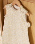 Side view of Love Cats baby sleep bag highlighting a soft cotton finish, shoulder poppers and elegant hand-drawn woodland motifs