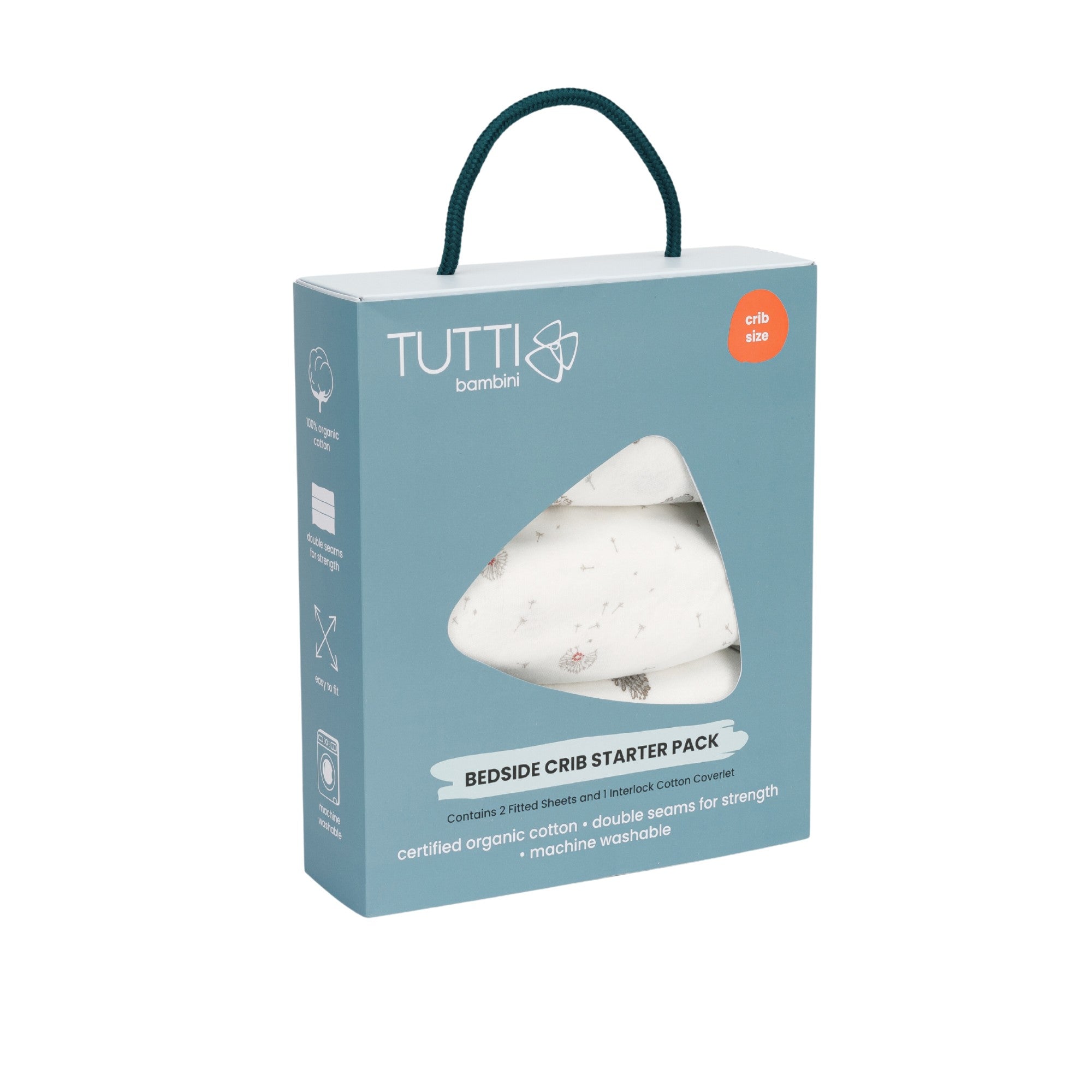 bedside crib starter pack in cocoon including two fitted sheets and one cotton coverlet