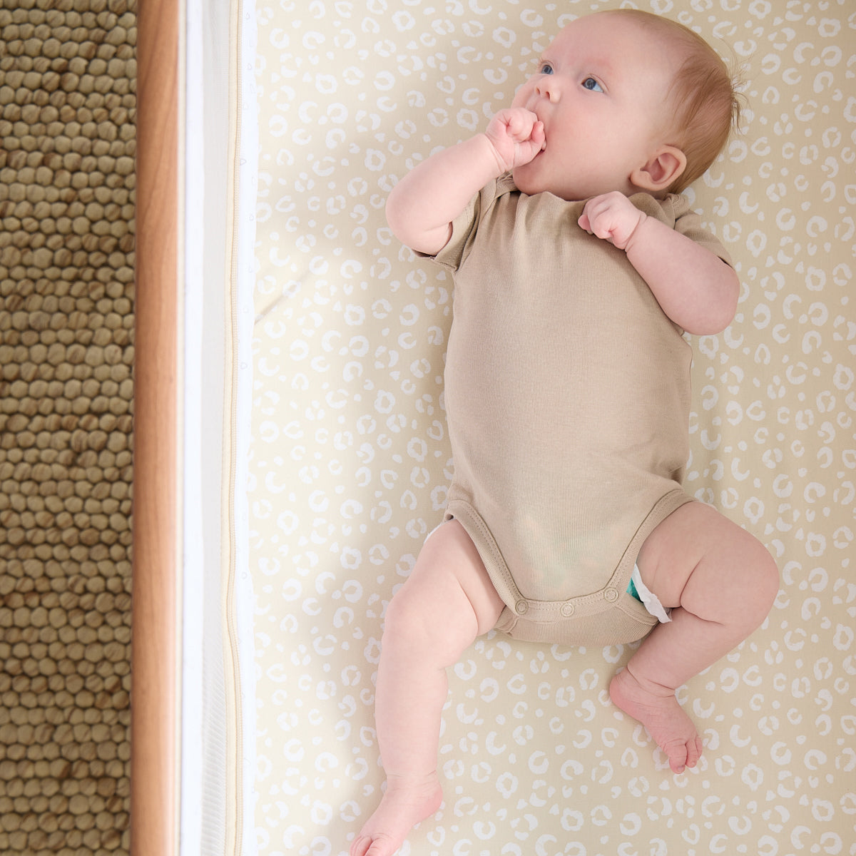 Overhead view of baby lying on the Love Cats fitted sheet in beige with delicate cat print, styled in a cosy bedside crib.