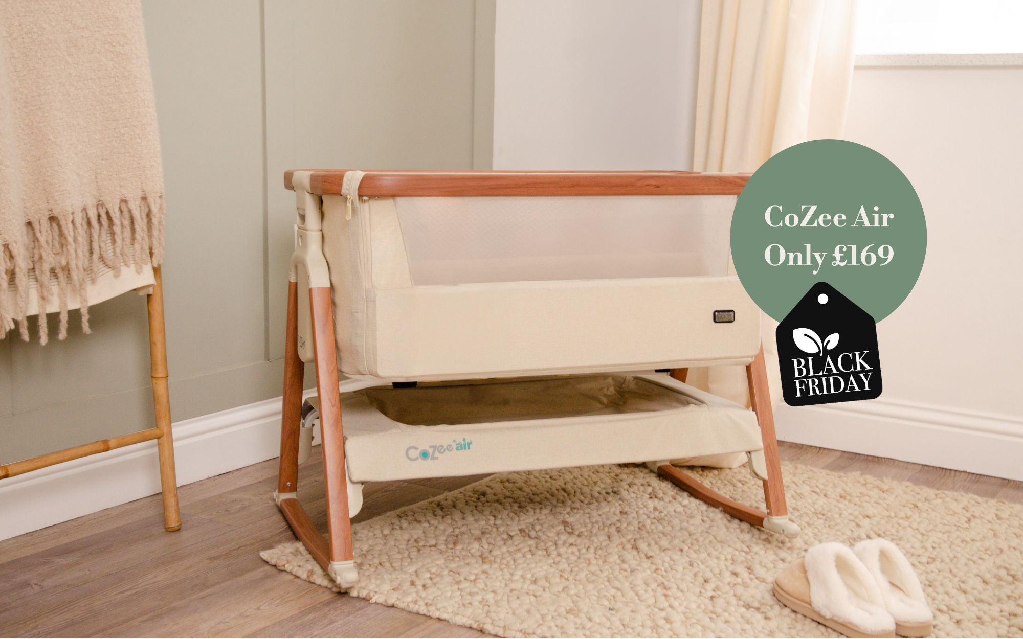 CoZee Air crib in a room with a Black Friday tag on it