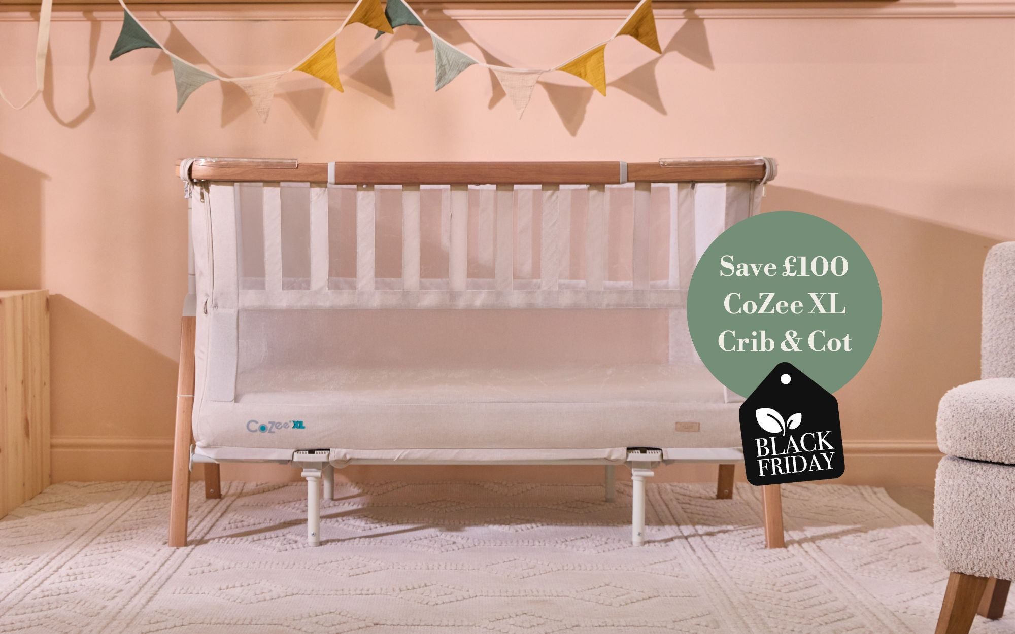 Crib with a 'Black Friday' sale tag in a nursery setting