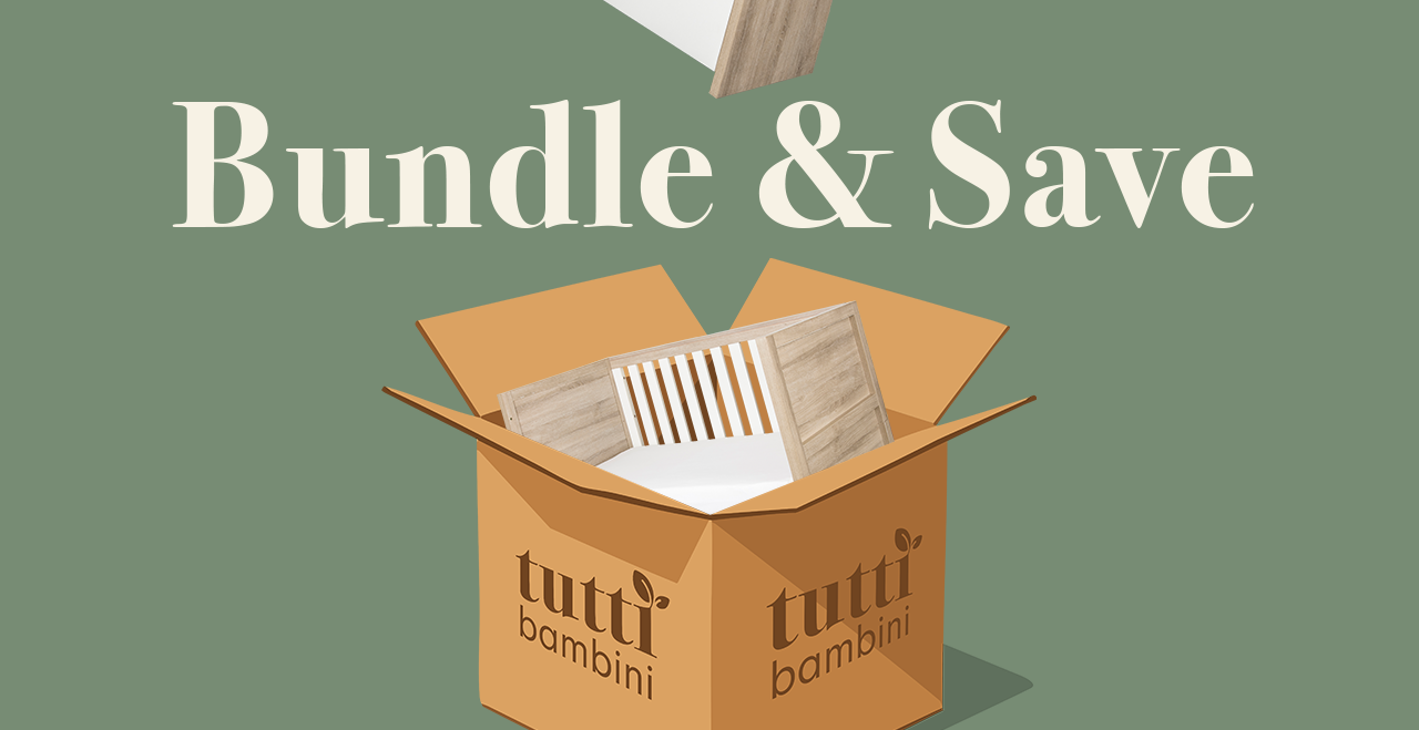 Open cardboard box with a wooden cot inside, on a green background with 'Bundle & Save' text for the app to create your own nursery bundle.