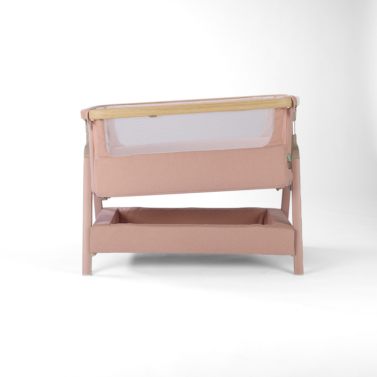 CoZee Air 2 bedside crib in blush with incline option, storage, 6 height positions,  in a white background 