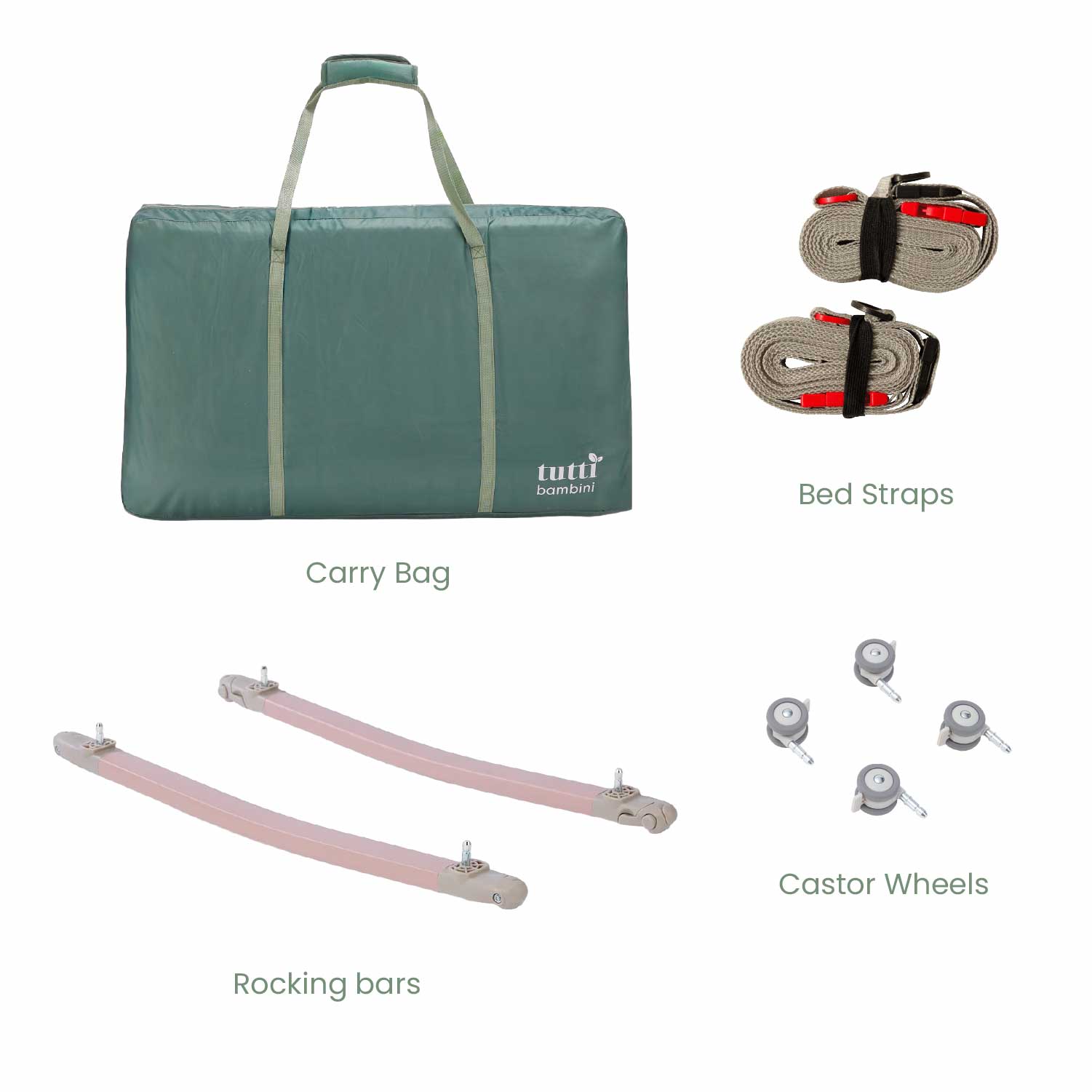 Cutout image of CoZee Air 2 accessories in blush including carry bag, bed straps, rocking bars and castor wheels.