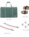 Cutout image of CoZee Air 2 accessories in blush including carry bag, bed straps, rocking bars and castor wheels.