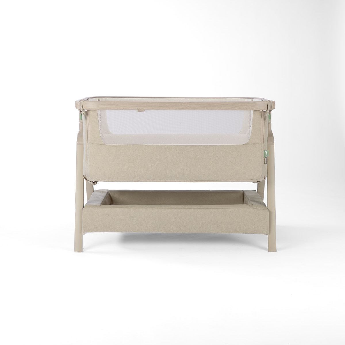 CoZee Air 2 bedside crib in cocoa with mesh sides, storage, 6 height positions, in a white background
