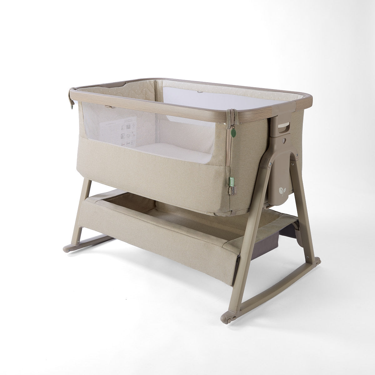 CoZee Air 2 bedside crib in cocoa with mesh sides, storage, 6 height positions, rocking bars, in a white background