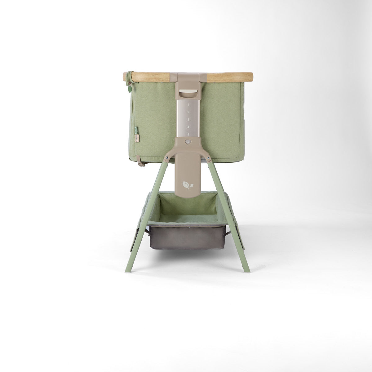 CoZee Air 2 bedside crib in eucalyptus with 6 height positions, side open, storage, in a white background 