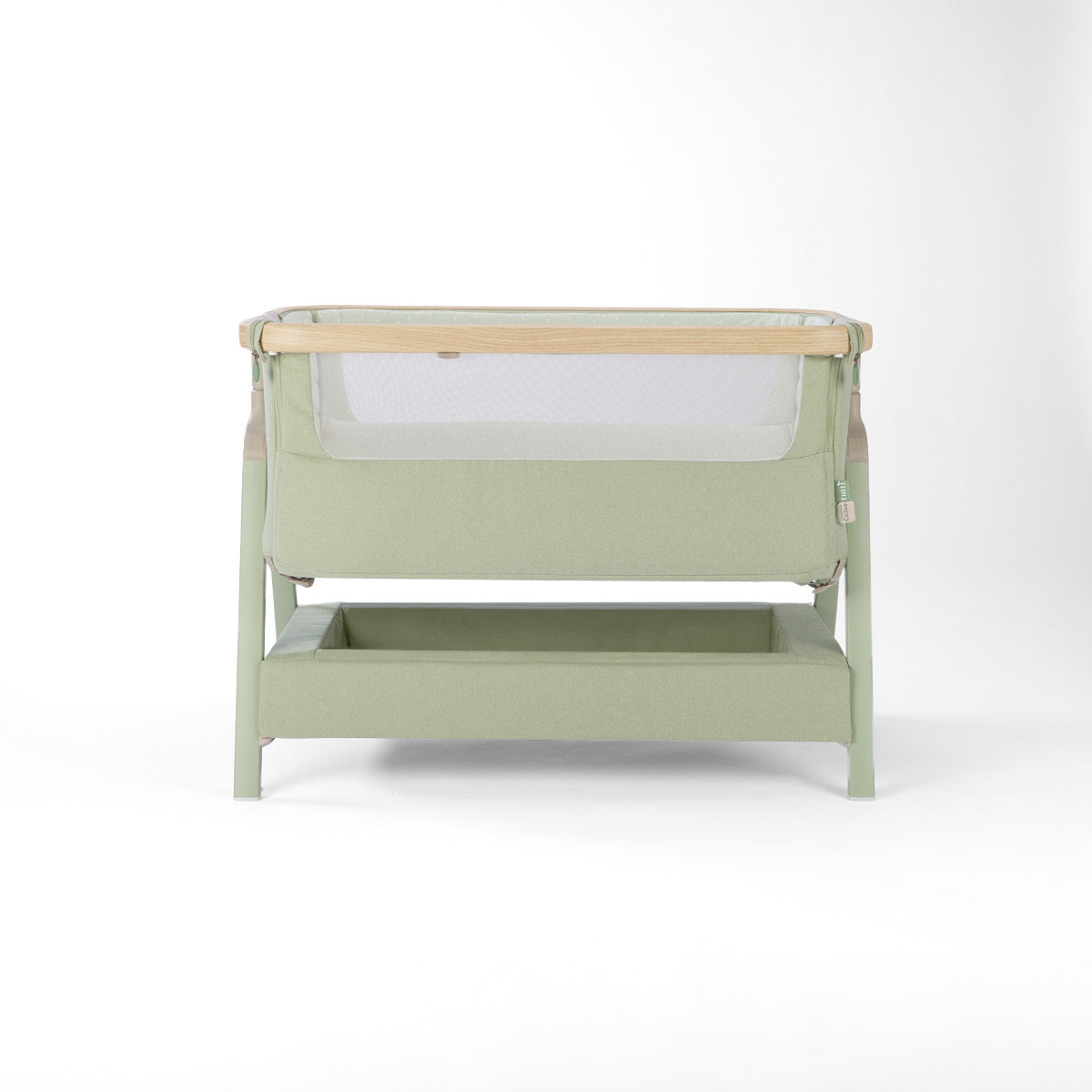 CoZee Air 2 bedside crib in eucalyptus with side up, storage, 6 height positions, on a white background 