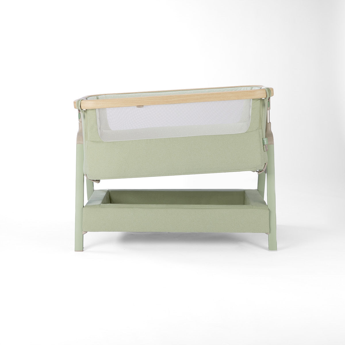 CoZee Air 2 bedside crib in eucalyptus with incline option, storage, 6 height positions,  in a white background 