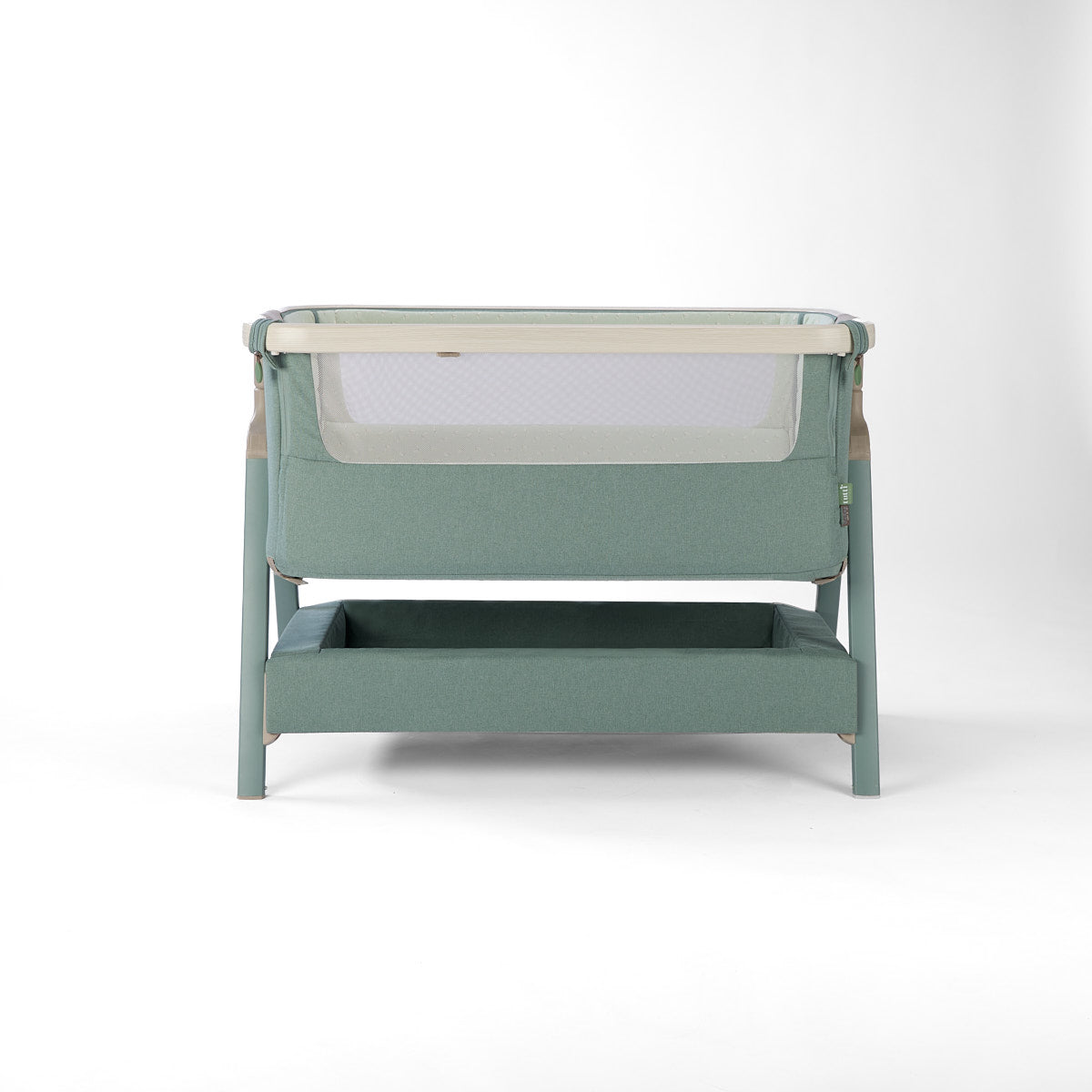 CoZee Air 2 bedside crib in kelp and beige on a white background