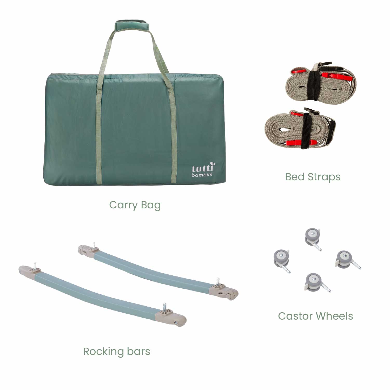 Cutout image of CoZee Air 2 accessories in kelp including carry bag, bed straps, rocking bars and castor wheels.
