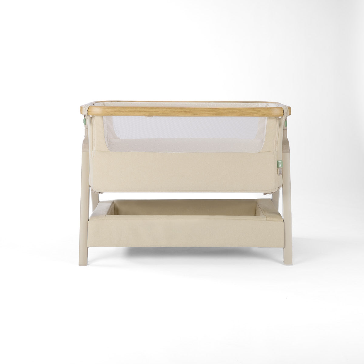 CoZee Air 2 bedside crib in sand with mesh sides, storage, 6 height positions,  in a white background 