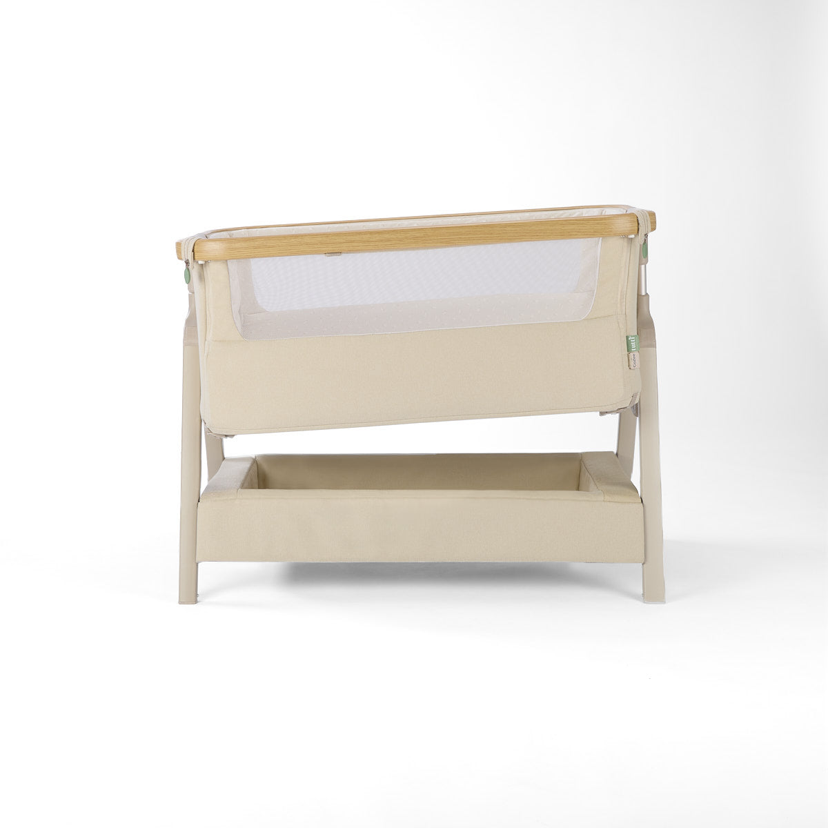 CoZee Air 2 bedside crib in sand with incline option, storage, 6 height positions,  in a white background 
