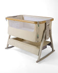 CoZee Air 2 bedside crib in sand with rocking bars, storage, 6 height positions in a white background 