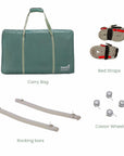 Cutout image of CoZee Air 2 accessories in sand including carry bag, bed straps, rocking bars and castor wheels.