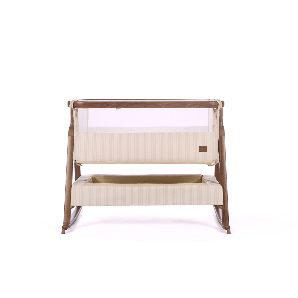 CoZee Air 2 bedside crib in rich walnut and cashmere vintage stripe on a white background.