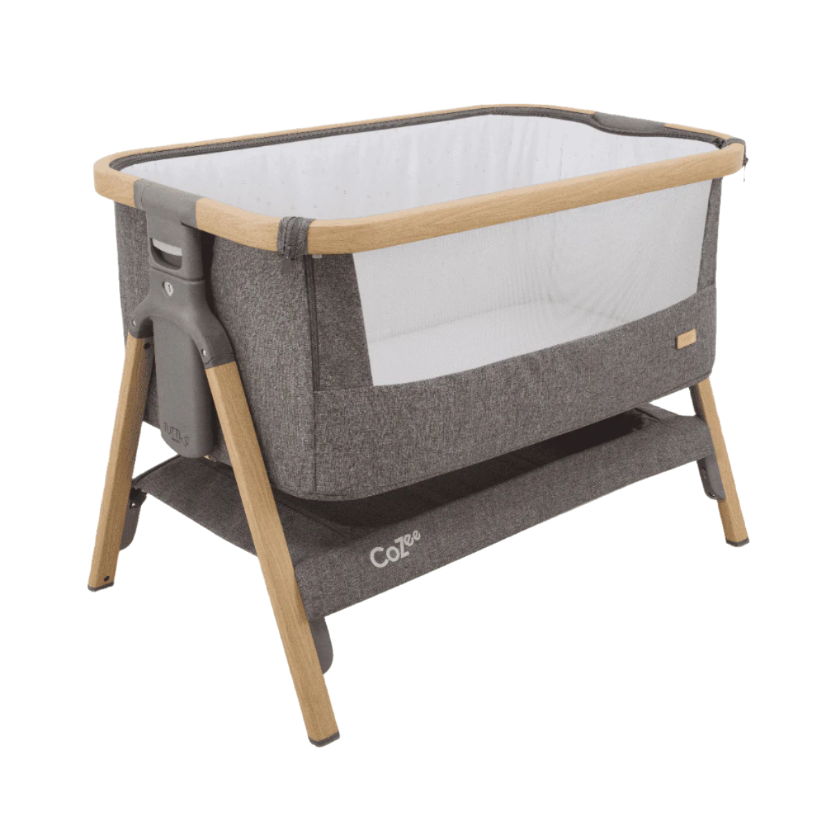 CoZee Bedside Crib in Oak and Charcoal &gt; breathable mesh sides for enhanced airflow and bottom storage to keep your babies essentials.