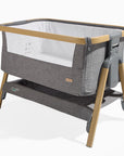 CoZee Bedside Crib in Oak and Charcoal > breathable mesh sides for enhanced airflow and bottom storage to keep your babies essentials.