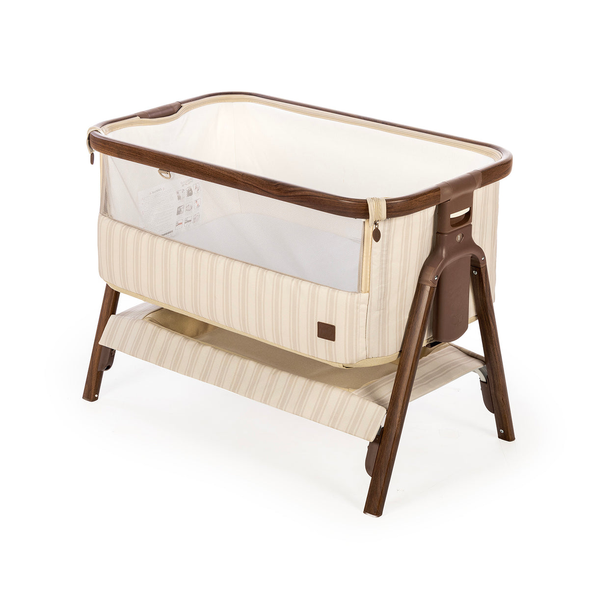 A CoZee Air in a cashmere vintage stripe and a dark rich walnut frame, shown on a clean white background.
