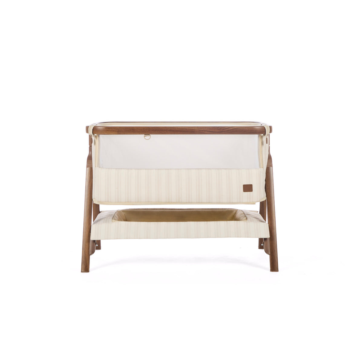CoZee Air bedside crib in rich walnut and cashmere vintage stripe on a white background.