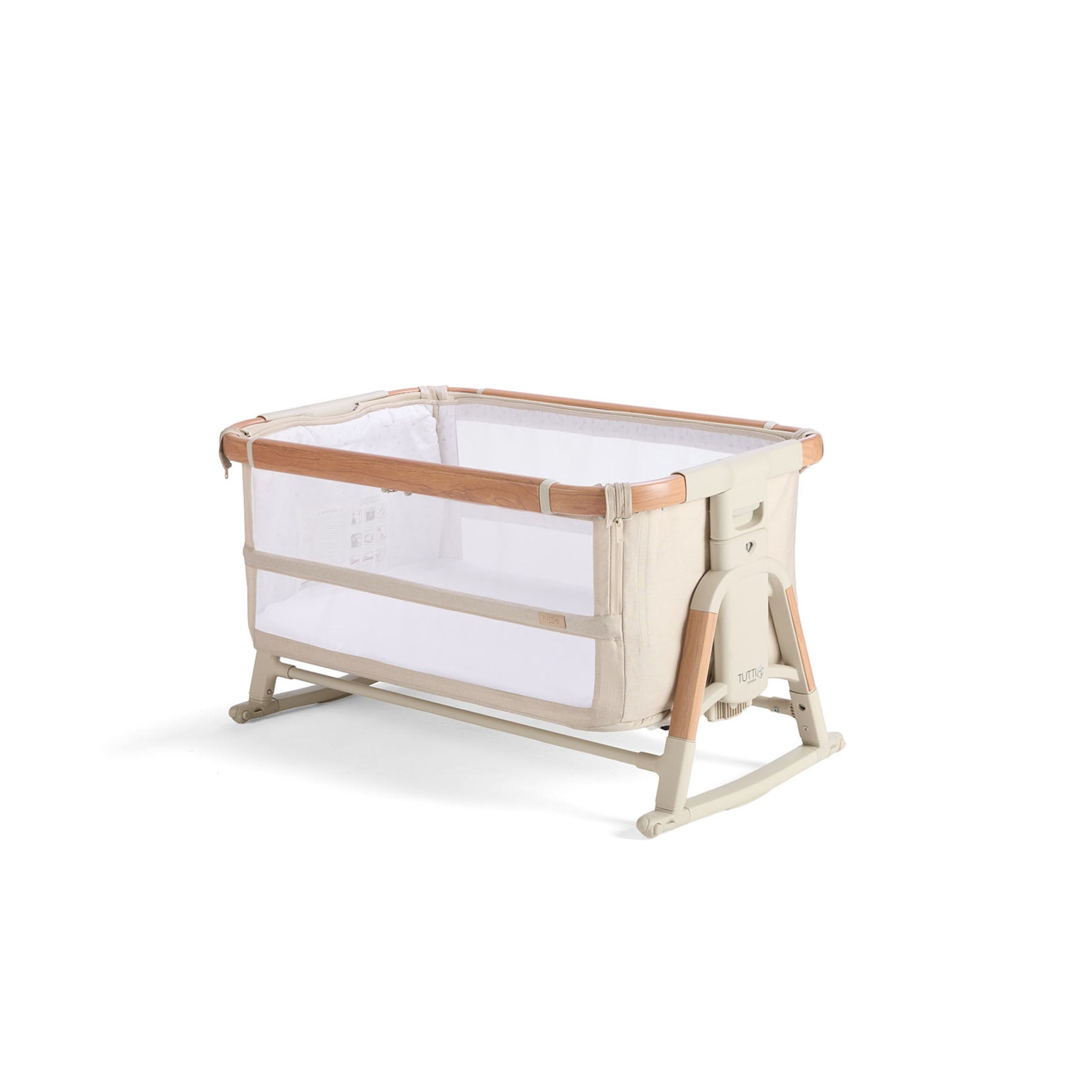 Cutout view of the CoZee Scandi in bassinet mode with raised sides, mesh panels and wooden legs for modern nursery style